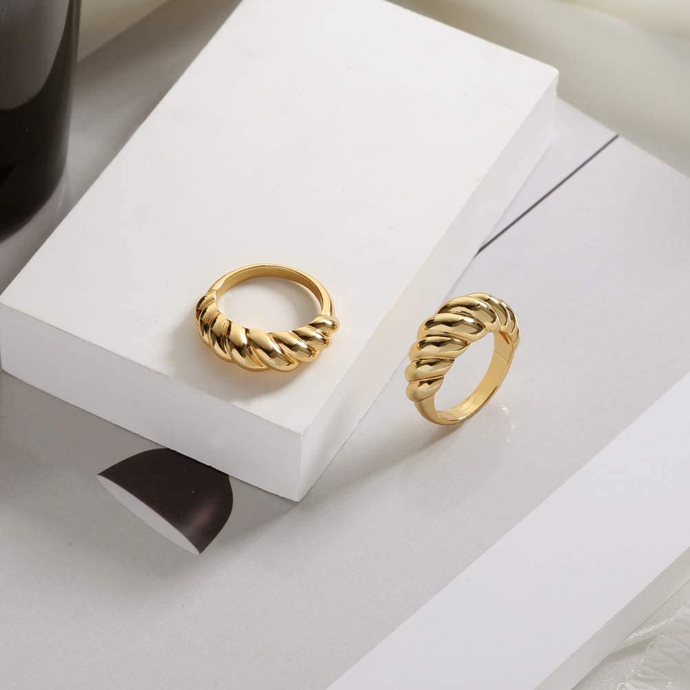 CLASSYZINT 14k Gold Plated Croissant Dome Chunky Rings Set Braided Twisted Stackable Band Simple Trendy Gold Rings for Women Girls Size 6-10