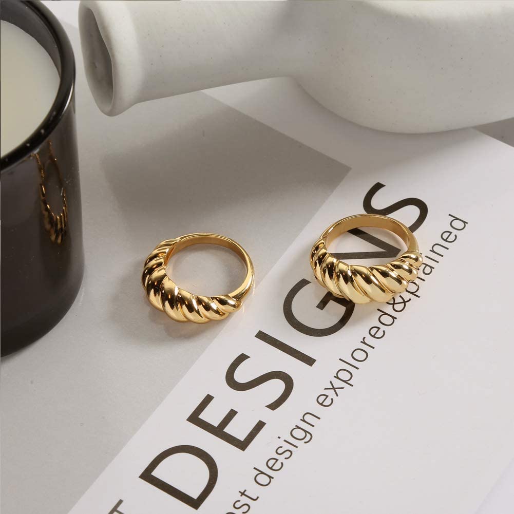 CLASSYZINT 14k Gold Plated Croissant Dome Chunky Rings Set Braided Twisted Stackable Band Simple Trendy Gold Rings for Women Girls Size 6-10